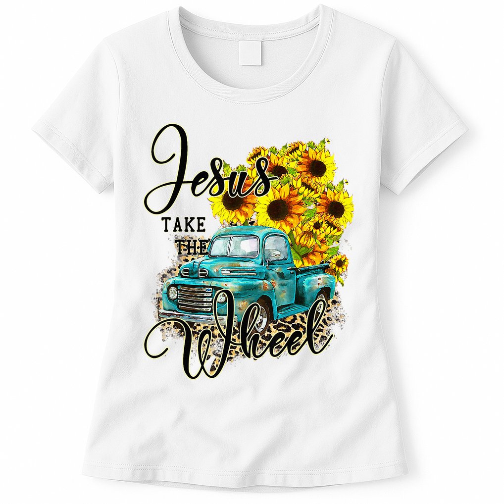 Sunflower Jesus Take The Wheel Christian Gift Leopard Print Womens T-Shirt