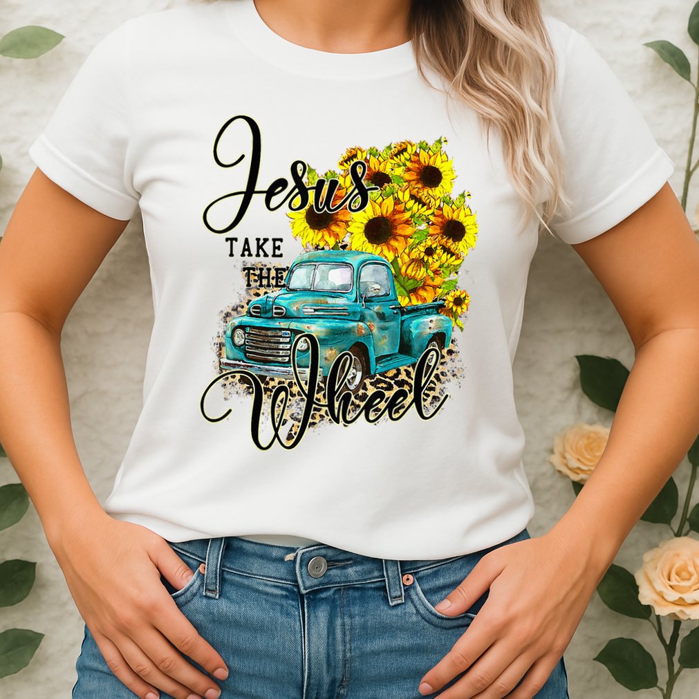 Sunflower Jesus Take The Wheel Christian Gift Leopard Print Womens T-Shirt