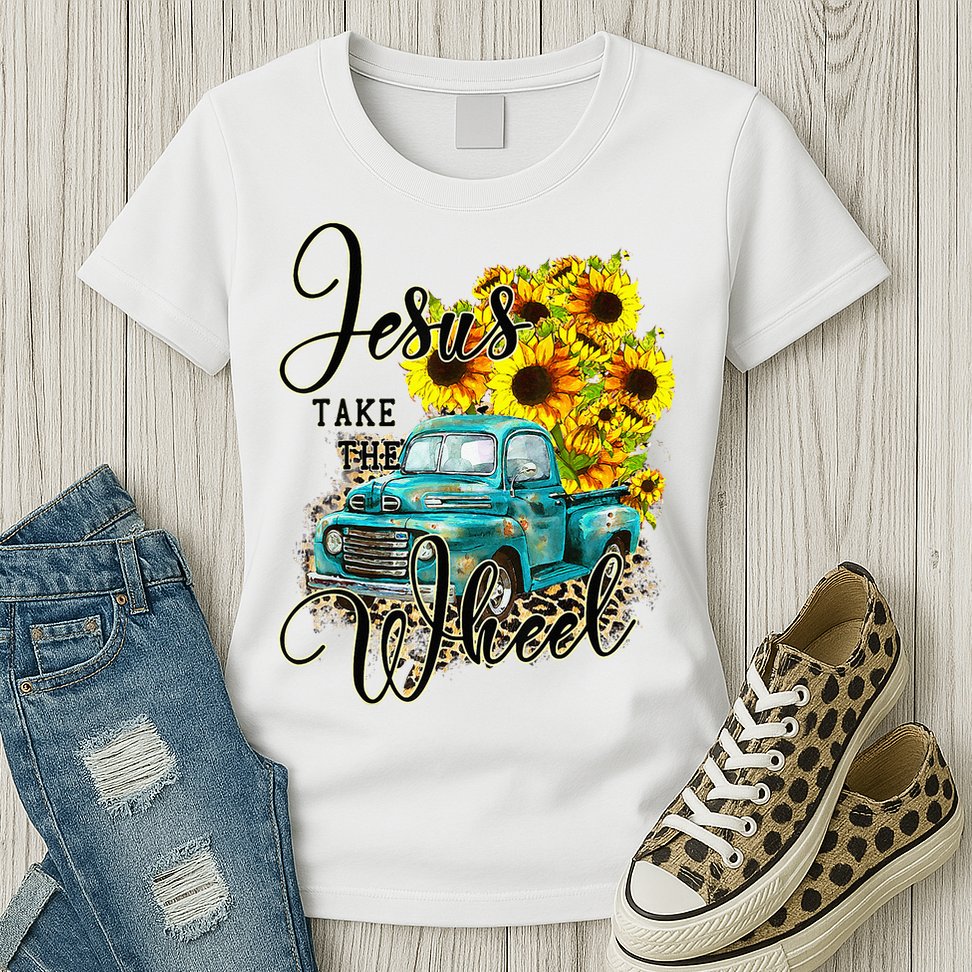 Sunflower Jesus Take The Wheel Christian Gift Leopard Print Womens T-Shirt