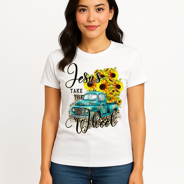 Sunflower Jesus Take The Wheel Christian Gift Leopard Print Womens T-Shirt