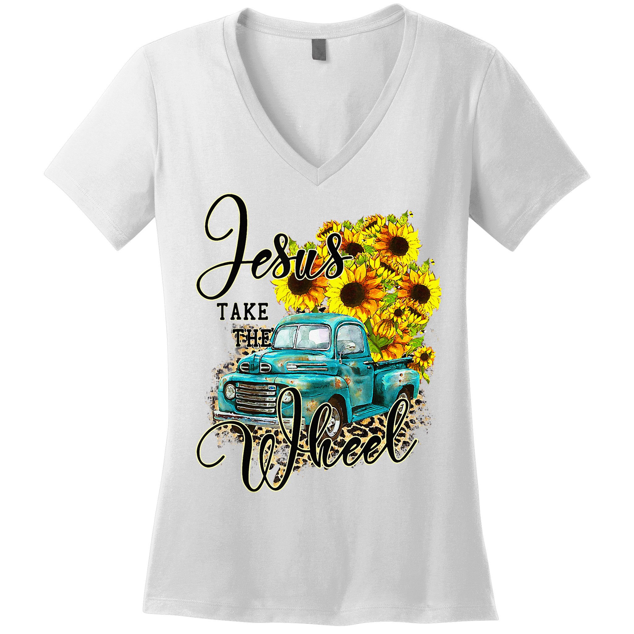 Sunflower Jesus Take The Wheel Christian Gift Leopard Print Women's V-Neck T-Shirt