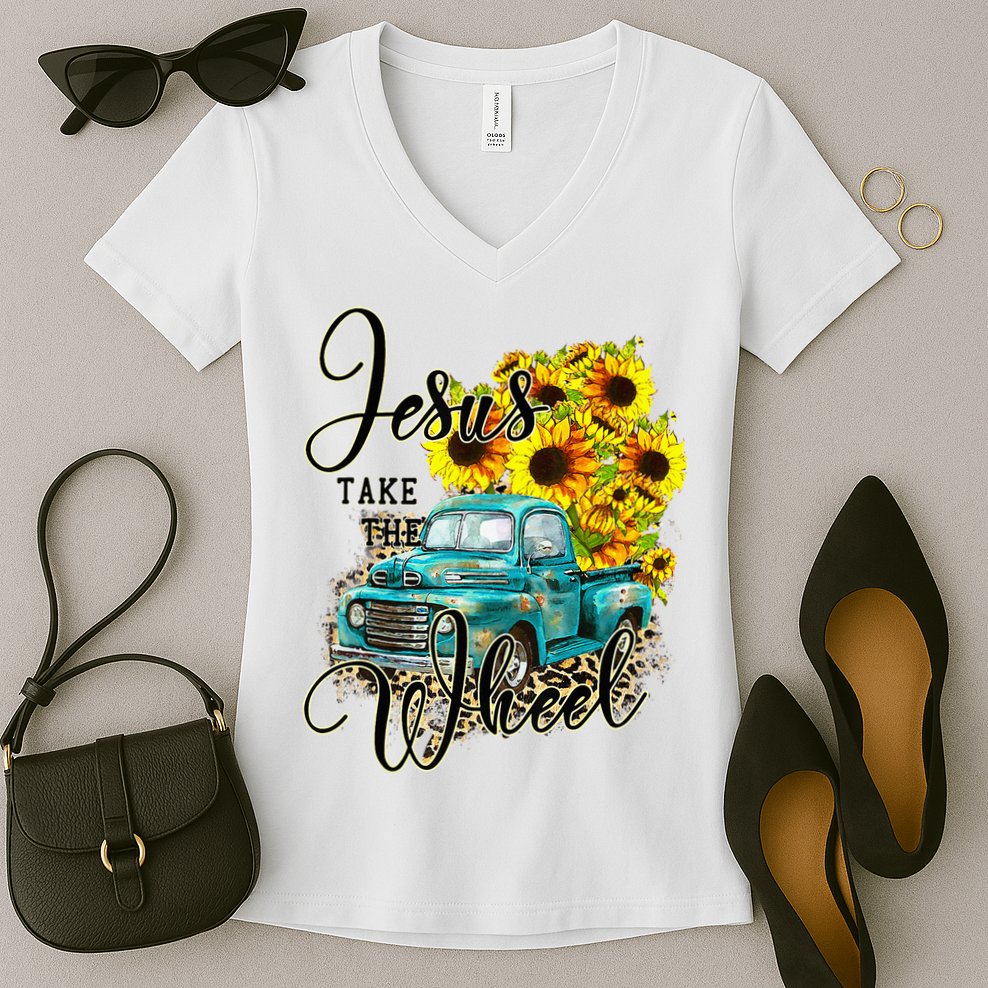 Sunflower Jesus Take The Wheel Christian Gift Leopard Print Women's V-Neck T-Shirt