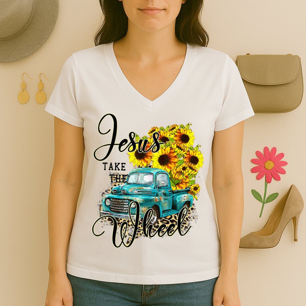 Sunflower Jesus Take The Wheel Christian Gift Leopard Print Women's V-Neck T-Shirt