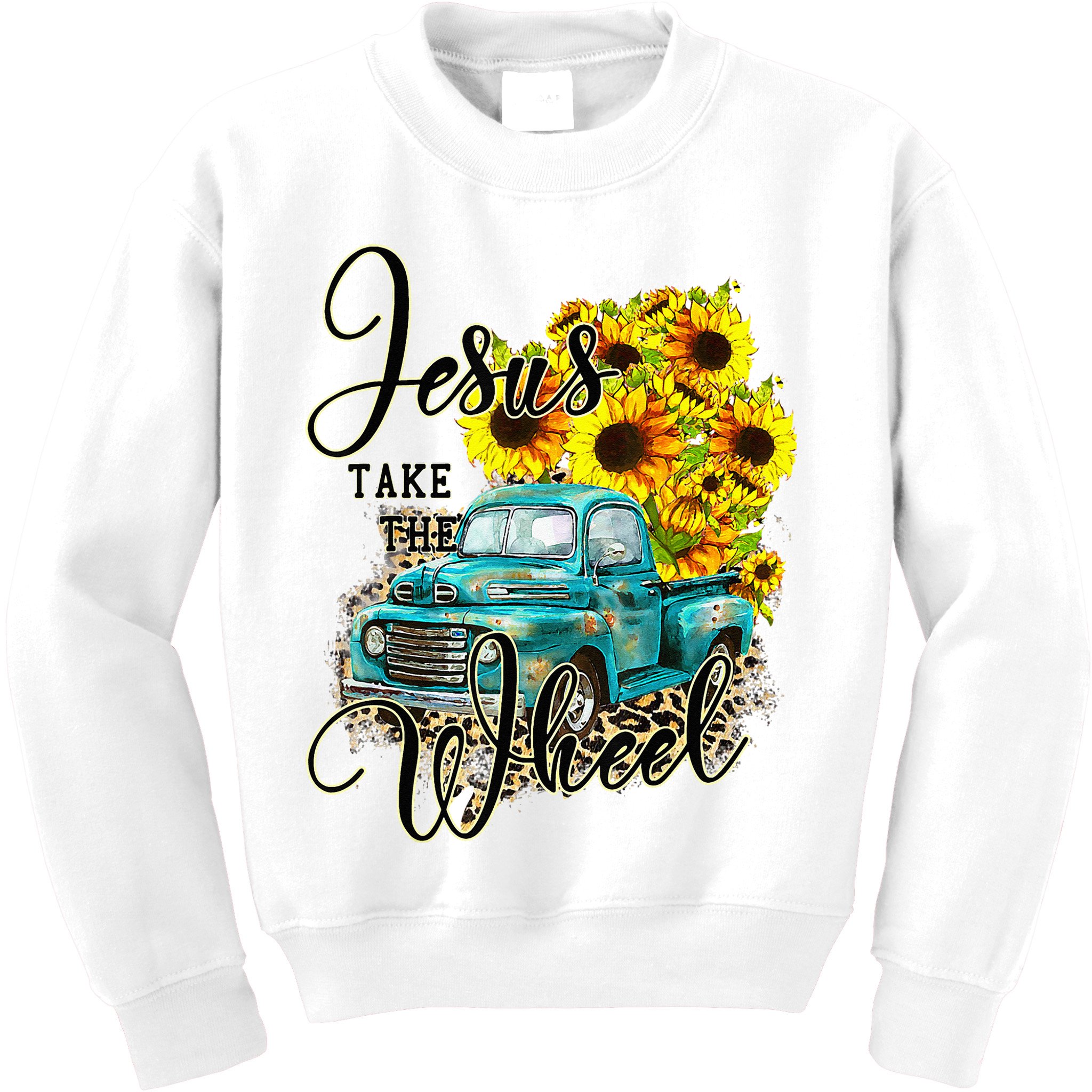 Sunflower Jesus Take The Wheel Christian Gift Leopard Print Kids Sweatshirt