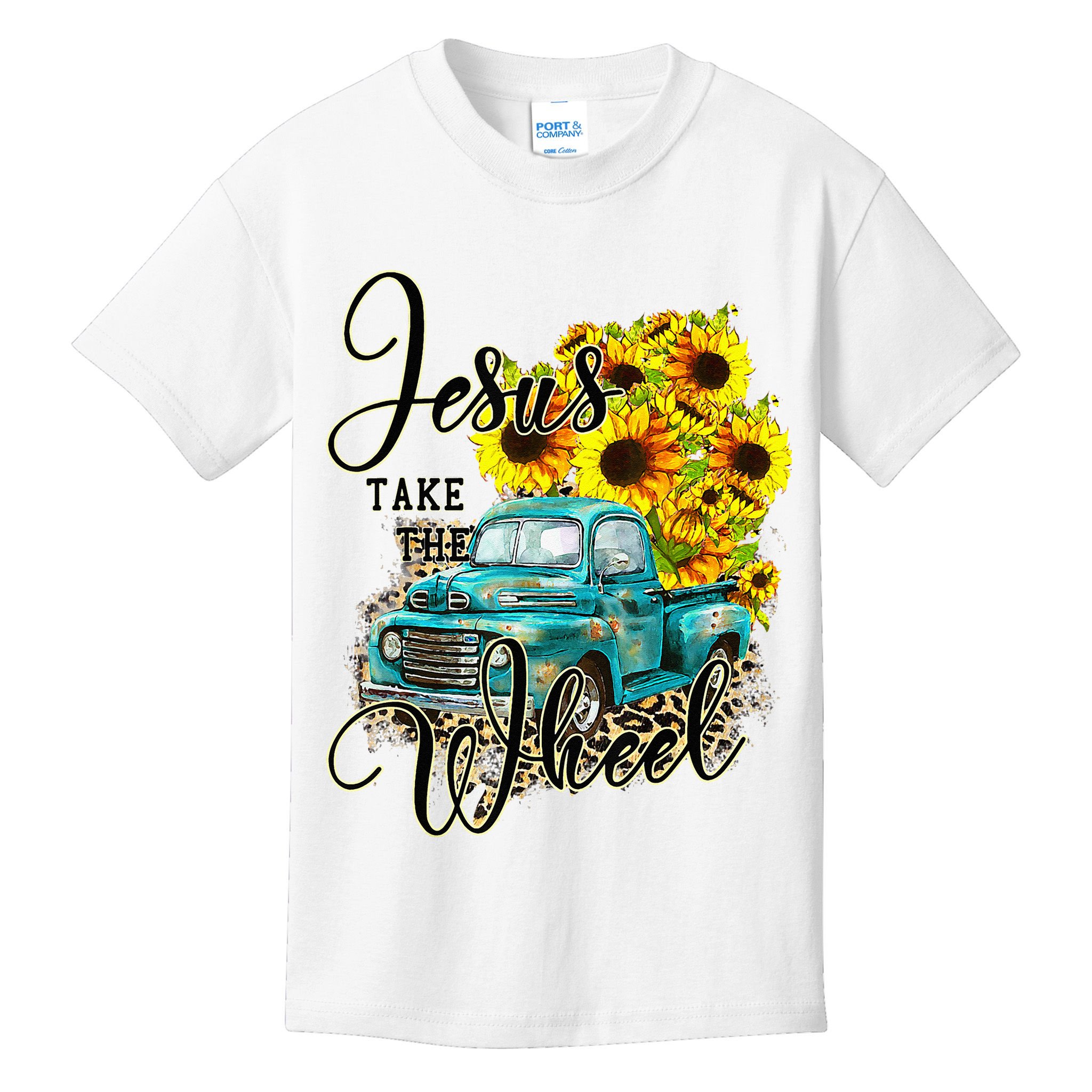 Sunflower Jesus Take The Wheel Christian Gift Leopard Print Kids T-Shirt