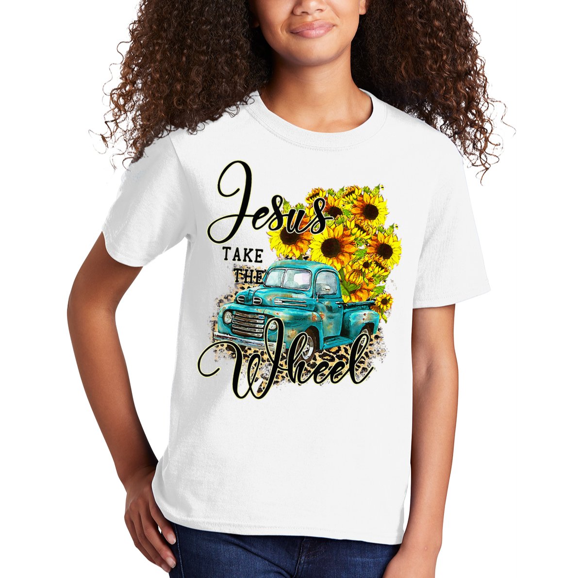 Sunflower Jesus Take The Wheel Christian Gift Leopard Print Kids T-Shirt