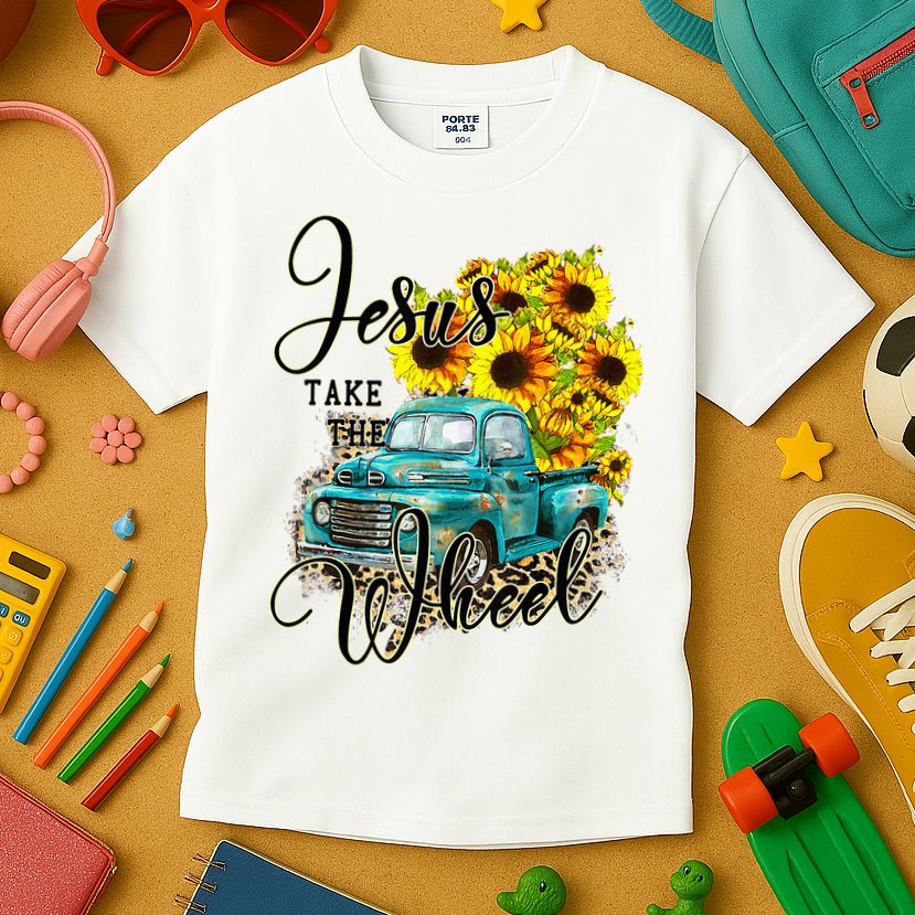 Sunflower Jesus Take The Wheel Christian Gift Leopard Print Kids T-Shirt