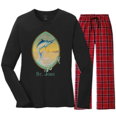 St. John USVI Vintage Retro Fishing Vacation Women's Long Sleeve Flannel Pajama Set 