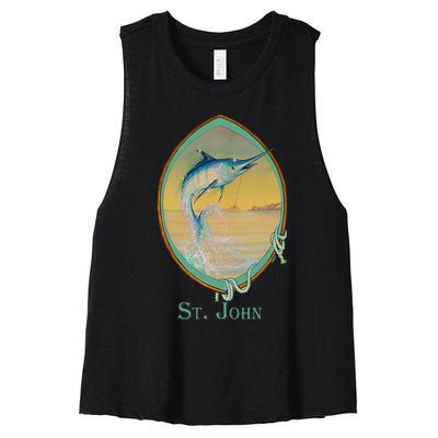 St. John USVI Vintage Retro Fishing Vacation Women's Racerback Cropped Tank