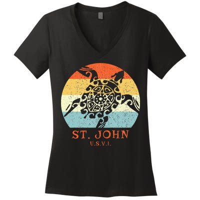 St. John Usvi Vintage Retro Tribal Turtle Vacation Women's V-Neck T-Shirt