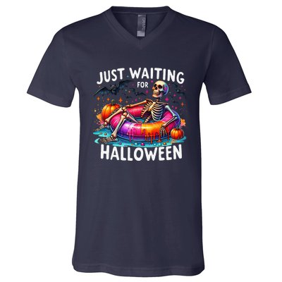 Skeleton Just Waiting For Halloween V-Neck T-Shirt