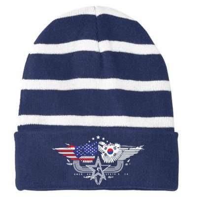 South Korean American Flag South Korea Flag Striped Beanie with Solid Band