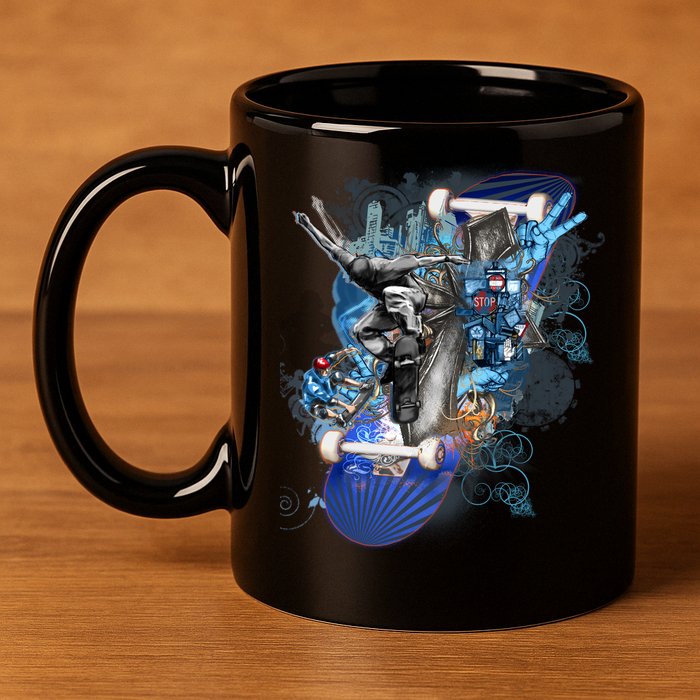 Skateboard Collage 11oz C Handle Ceramic Mug