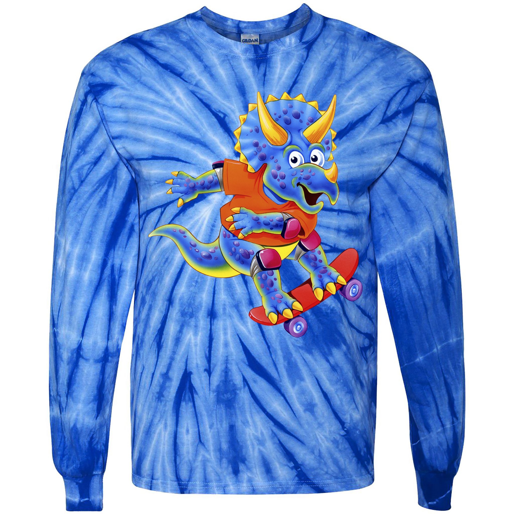 Skateboard Triceratops Tie-Dye Long Sleeve Shirt