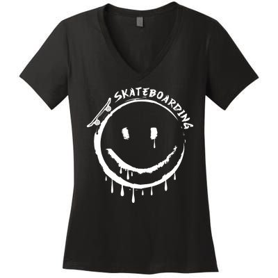 Skateboarding Graffiti Smile Face Women's V-Neck T-Shirt