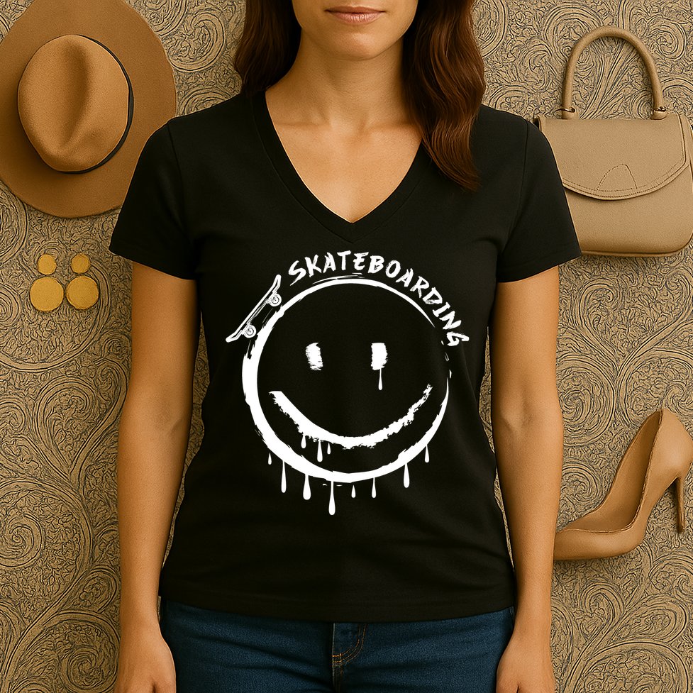 Skateboarding Graffiti Smile Face Women's V-Neck T-Shirt
