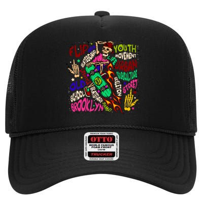 Skateboarding Skeleton Dude High Crown Mesh Back Trucker Hat