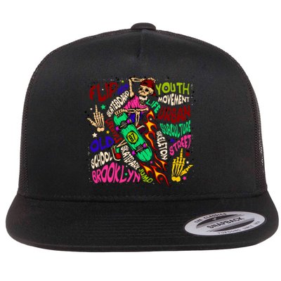 Skateboarding Skeleton Dude Flat Bill Trucker Hat