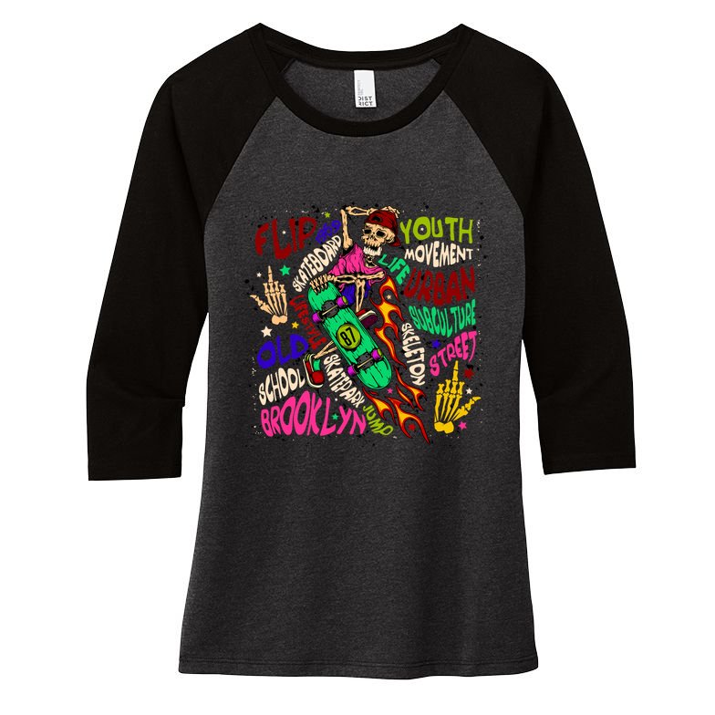 Skateboarding Skeleton Dude Women's Tri-Blend 3/4-Sleeve Raglan Shirt