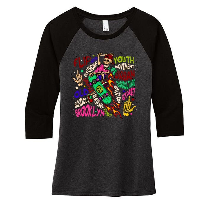 Skateboarding Skeleton Dude Women's Tri-Blend 3/4-Sleeve Raglan Shirt