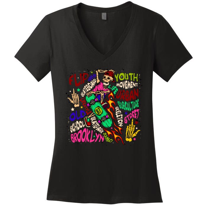 Skateboarding Skeleton Dude Women's V-Neck T-Shirt