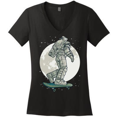 Skater Astronaut Moon Women's V-Neck T-Shirt