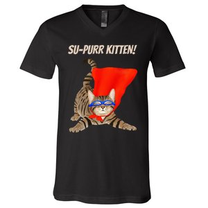 Supurr Kitten Cute Super Hero Cat V-Neck T-Shirt