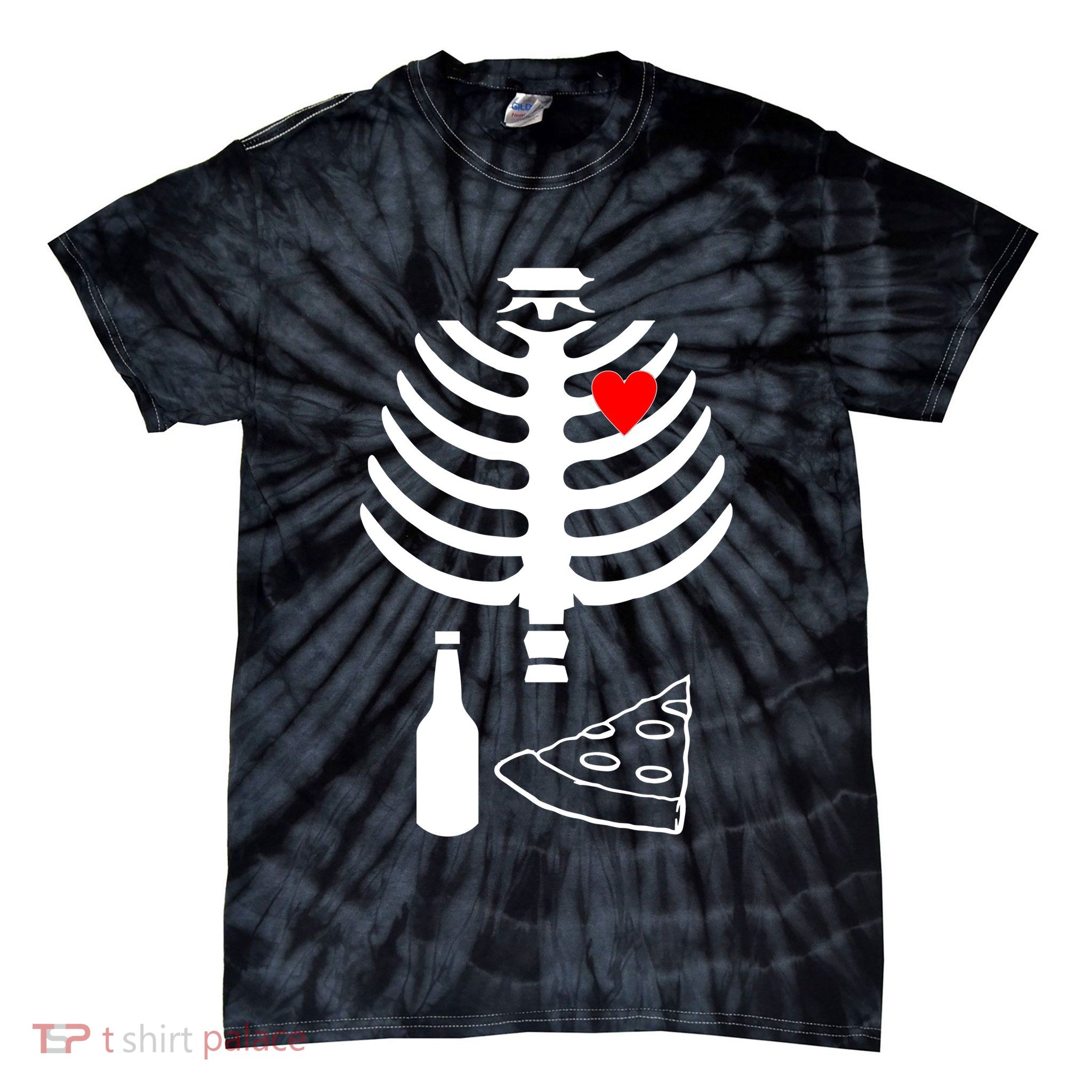 Skeleton Pizza Beer Rib cage Tie-Dye T-Shirt