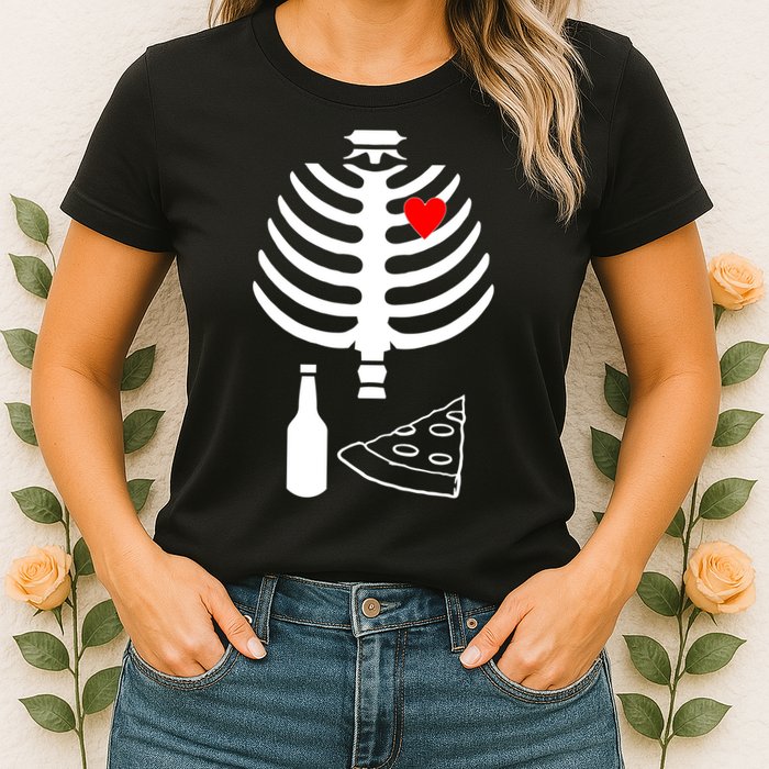 Skeleton Pizza Beer Rib cage Womens T-Shirt