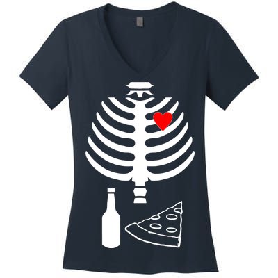 Skeleton Pizza Beer Rib cage Women's V-Neck T-Shirt