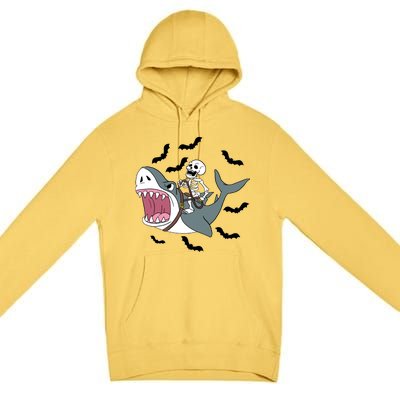 Skeleton Riding Shark Funny Halloween Premium Pullover Hoodie