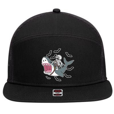 Skeleton Riding Shark Funny Halloween 7 Panel Mesh Trucker Snapback Hat