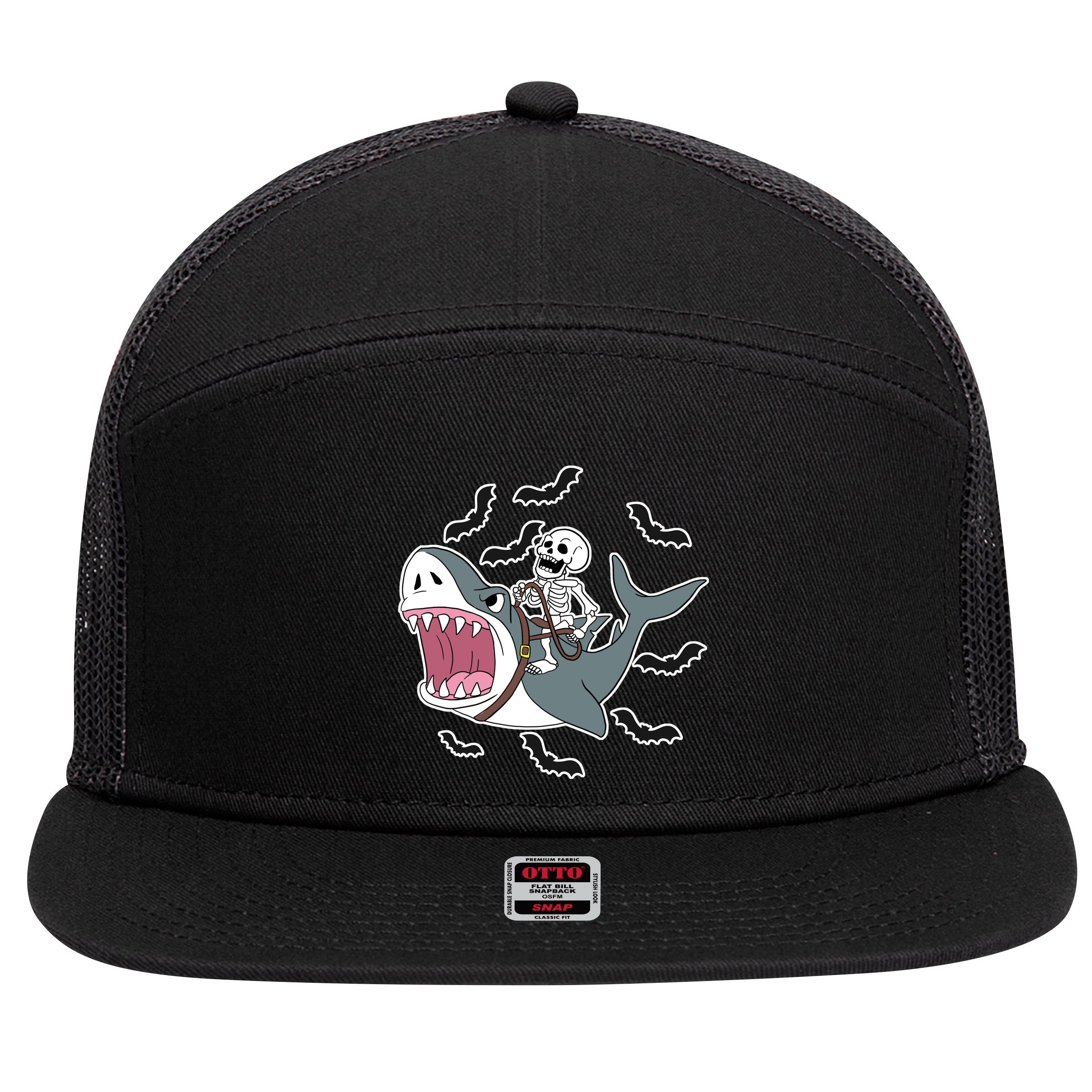Skeleton Riding Shark Funny Halloween 7 Panel Mesh Trucker Snapback Hat