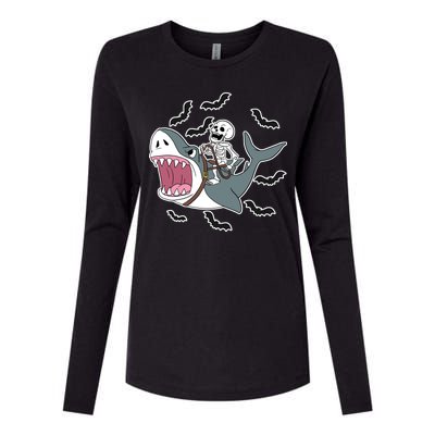 Skeleton Riding Shark Funny Halloween Womens Cotton Relaxed Long Sleeve T-Shirt