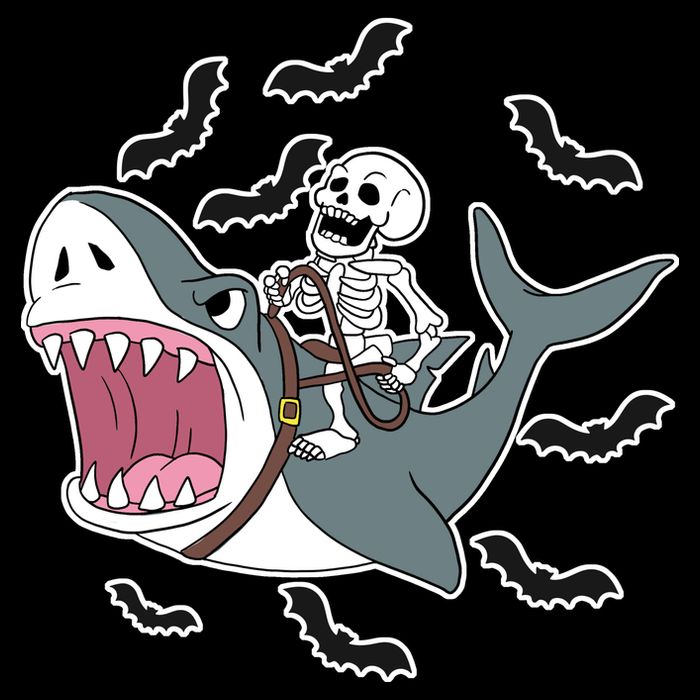 Skeleton Riding Shark Funny Halloween Flexfit Unipanel Trucker Cap