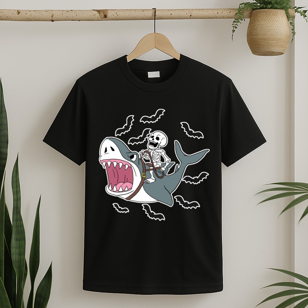 Skeleton Riding Shark Funny Halloween T-Shirt
