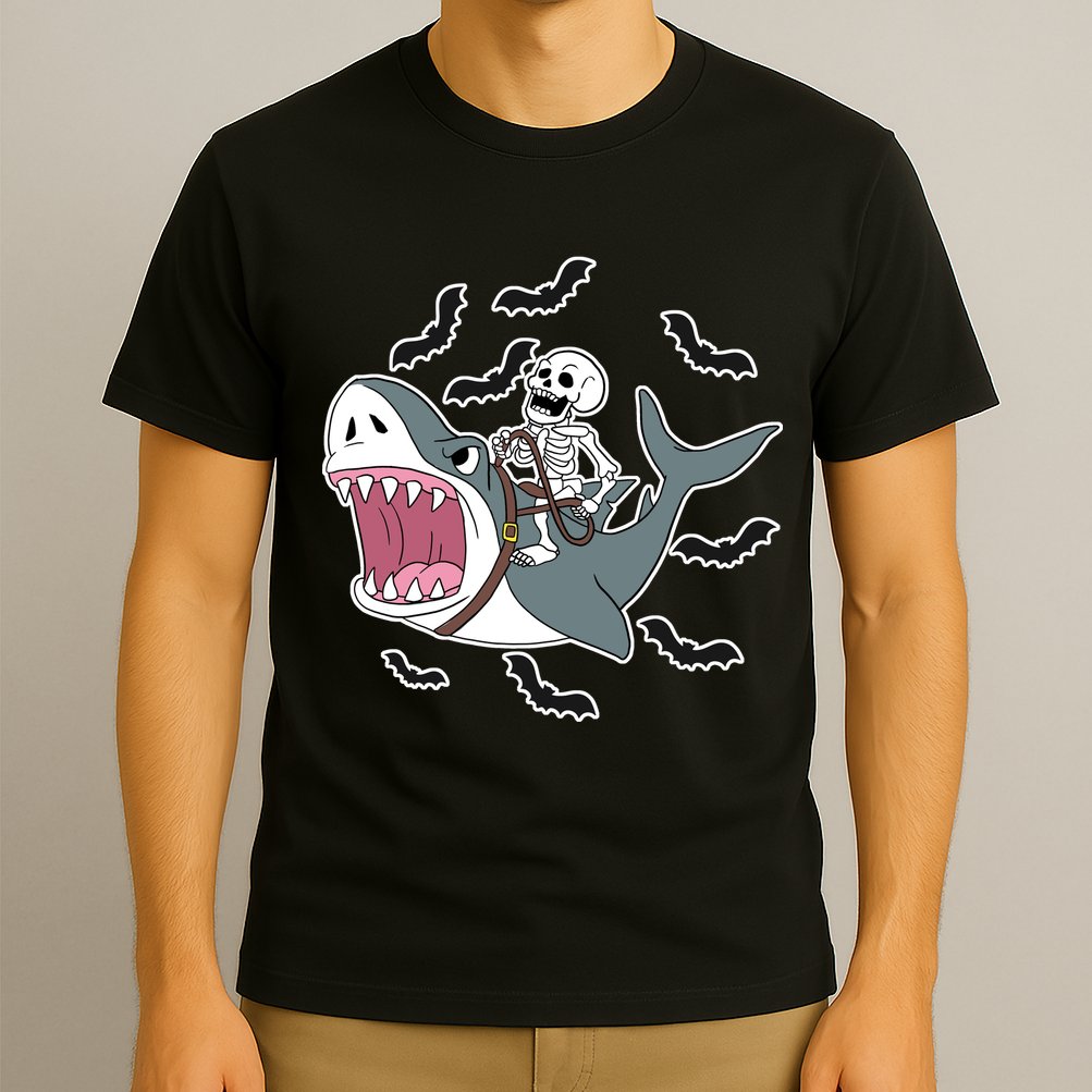 Skeleton Riding Shark Funny Halloween T-Shirt
