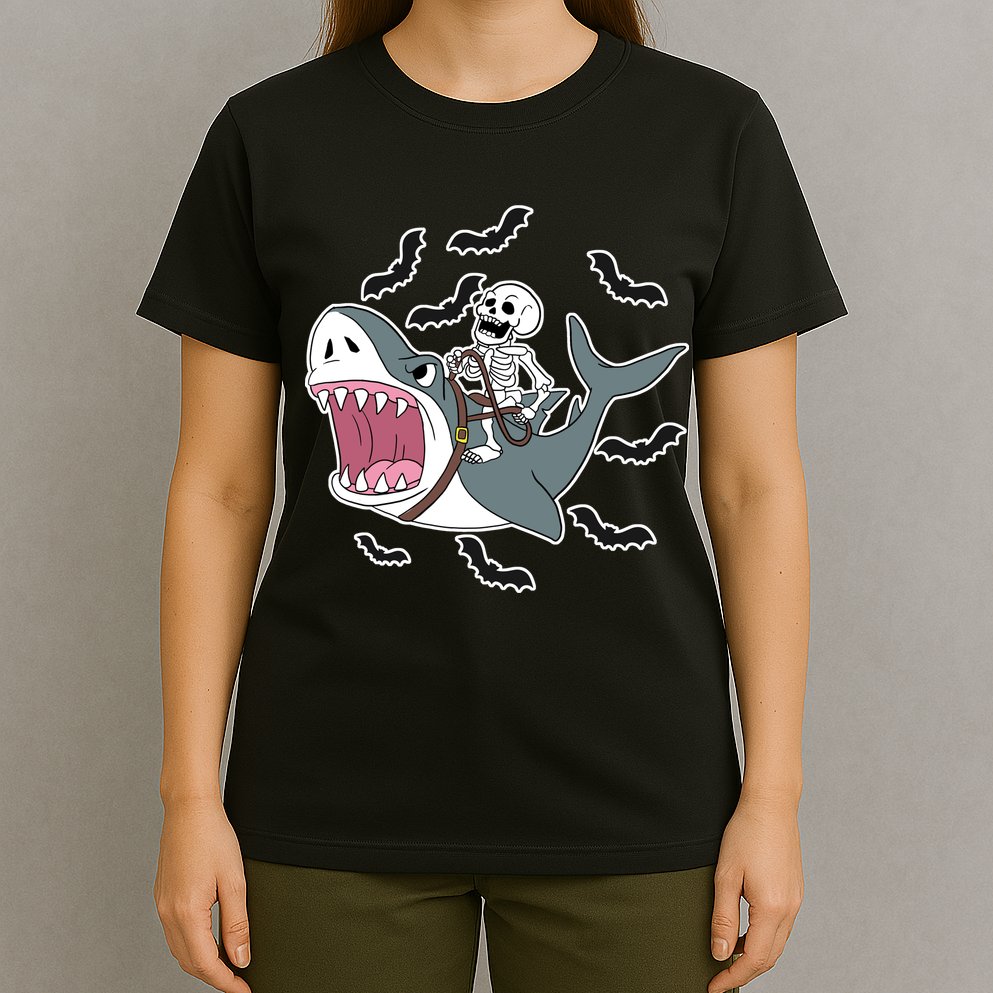 Skeleton Riding Shark Funny Halloween T-Shirt