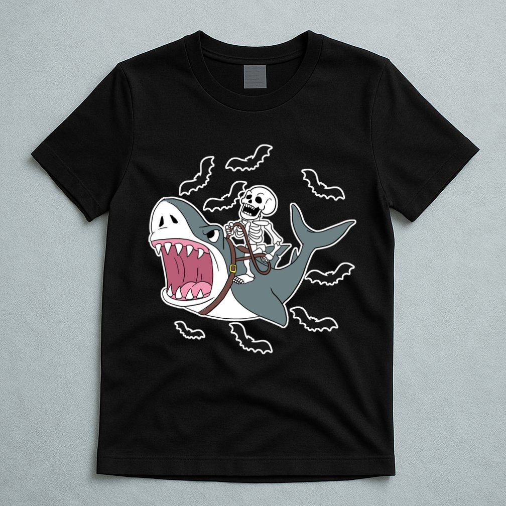 Skeleton Riding Shark Funny Halloween T-Shirt