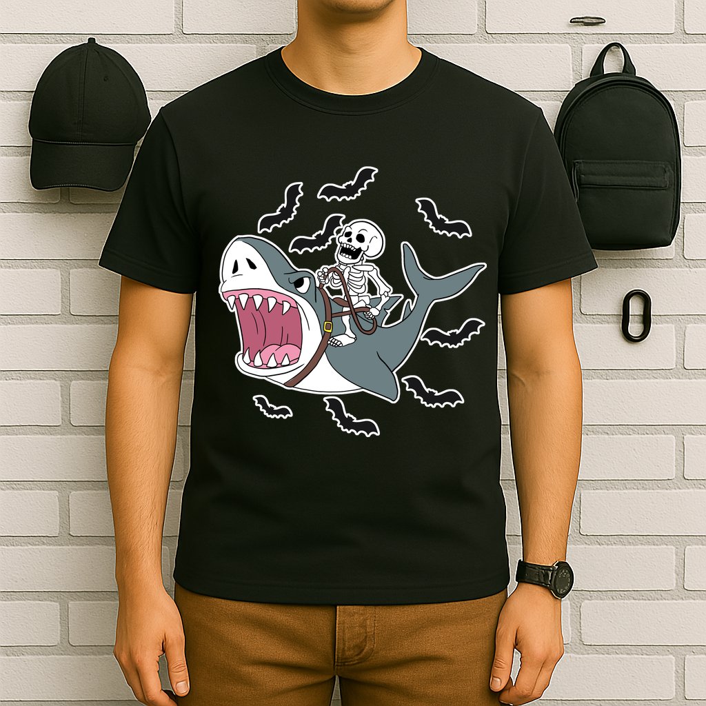 Skeleton Riding Shark Funny Halloween T-Shirt