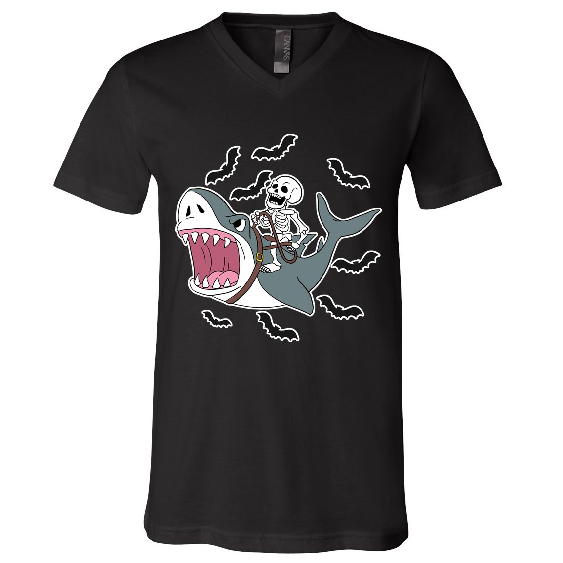 Skeleton Riding Shark Funny Halloween V-Neck T-Shirt