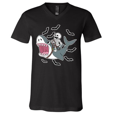 Skeleton Riding Shark Funny Halloween V-Neck T-Shirt