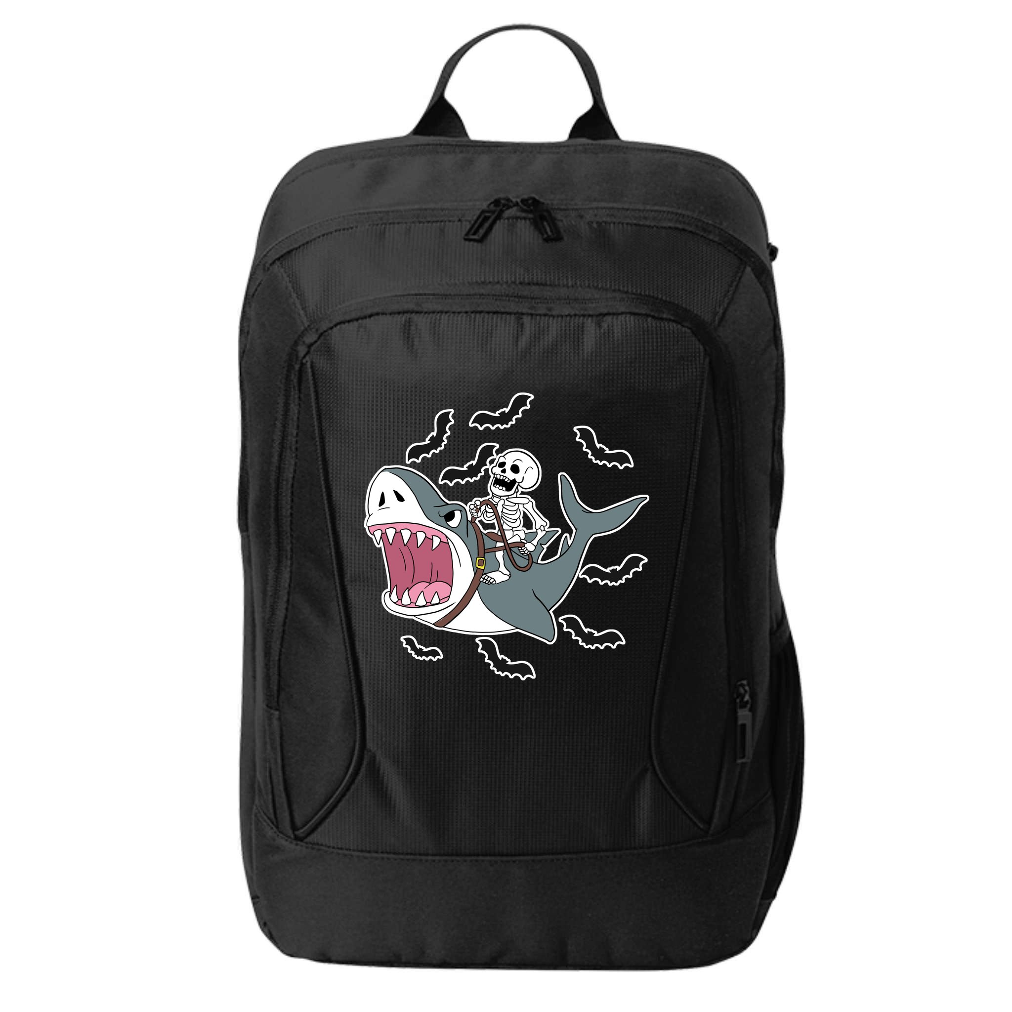 Skeleton Riding Shark Funny Halloween City Backpack