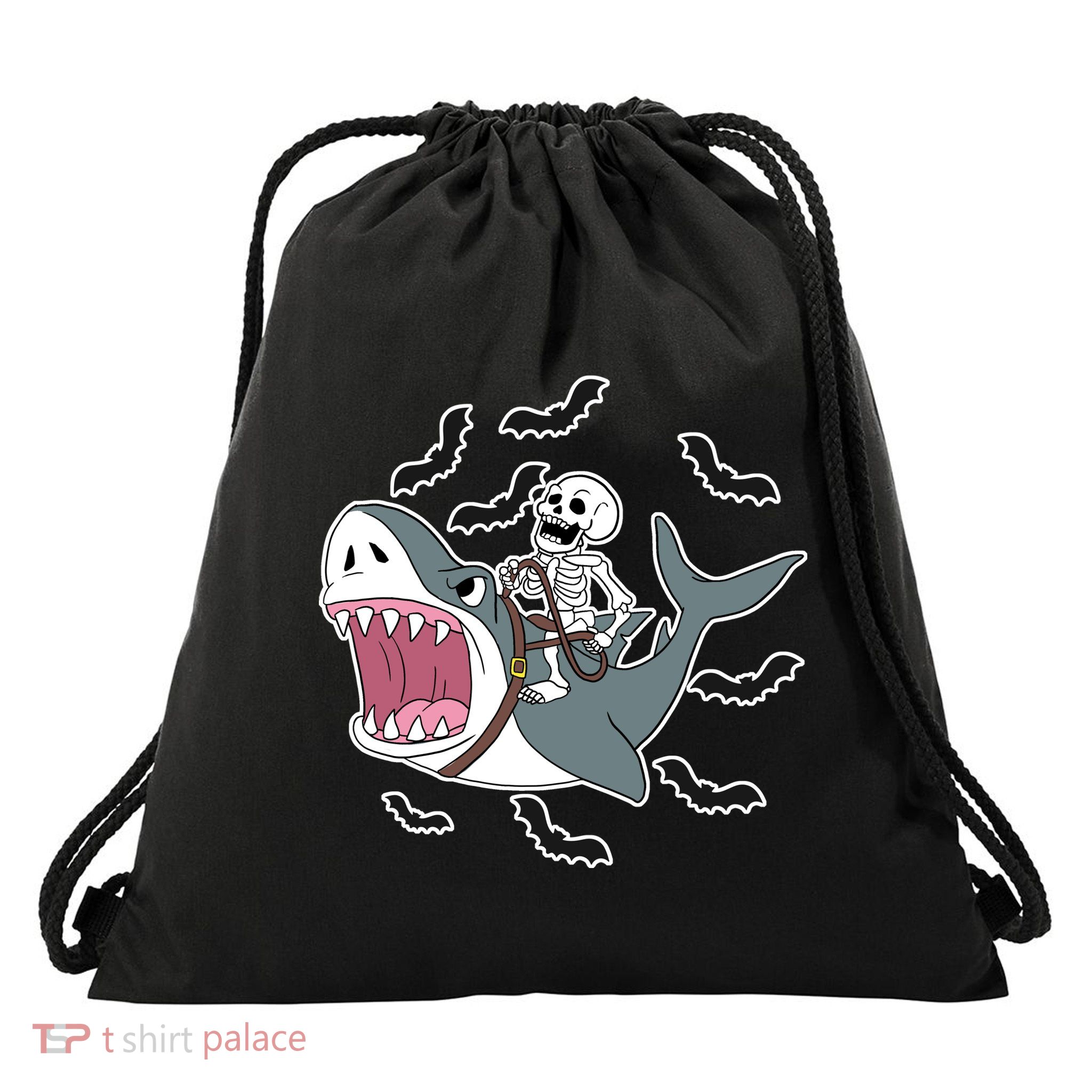 Skeleton Riding Shark Funny Halloween Drawstring Bag