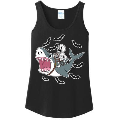 Skeleton Riding Shark Funny Halloween Ladies Essential Tank