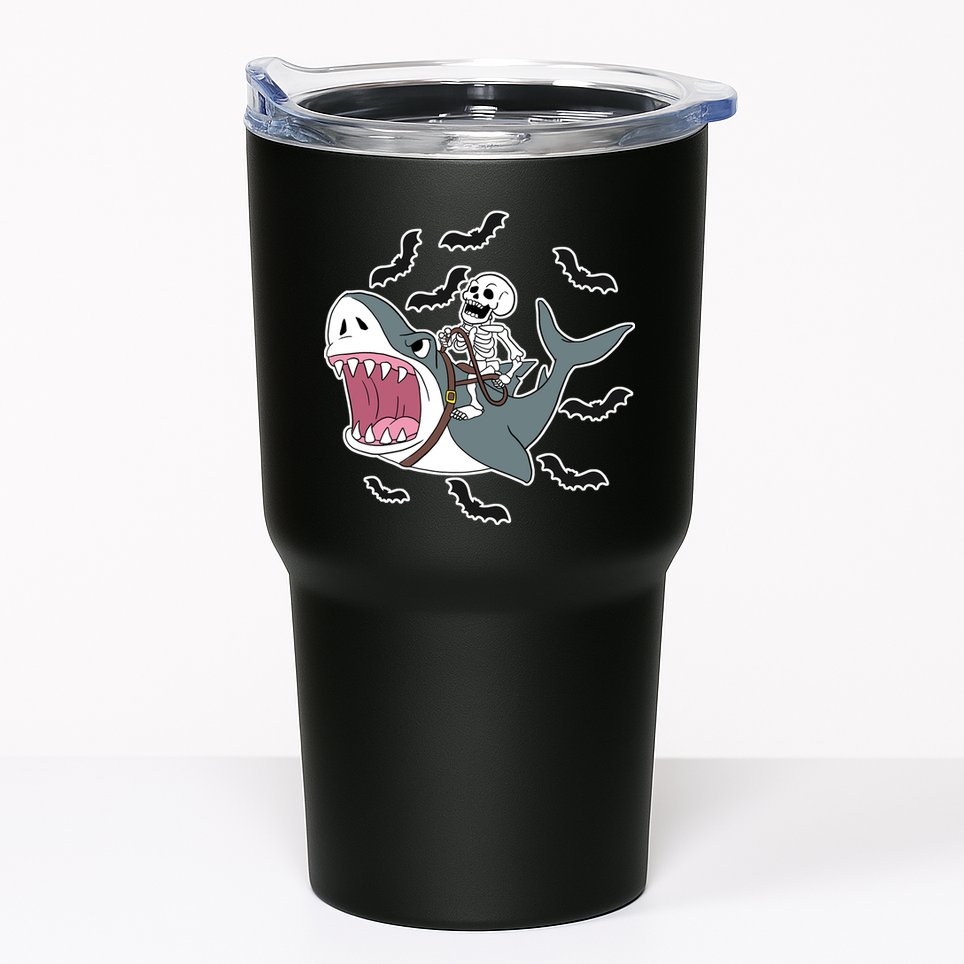 Skeleton Riding Shark Funny Halloween Tumbler