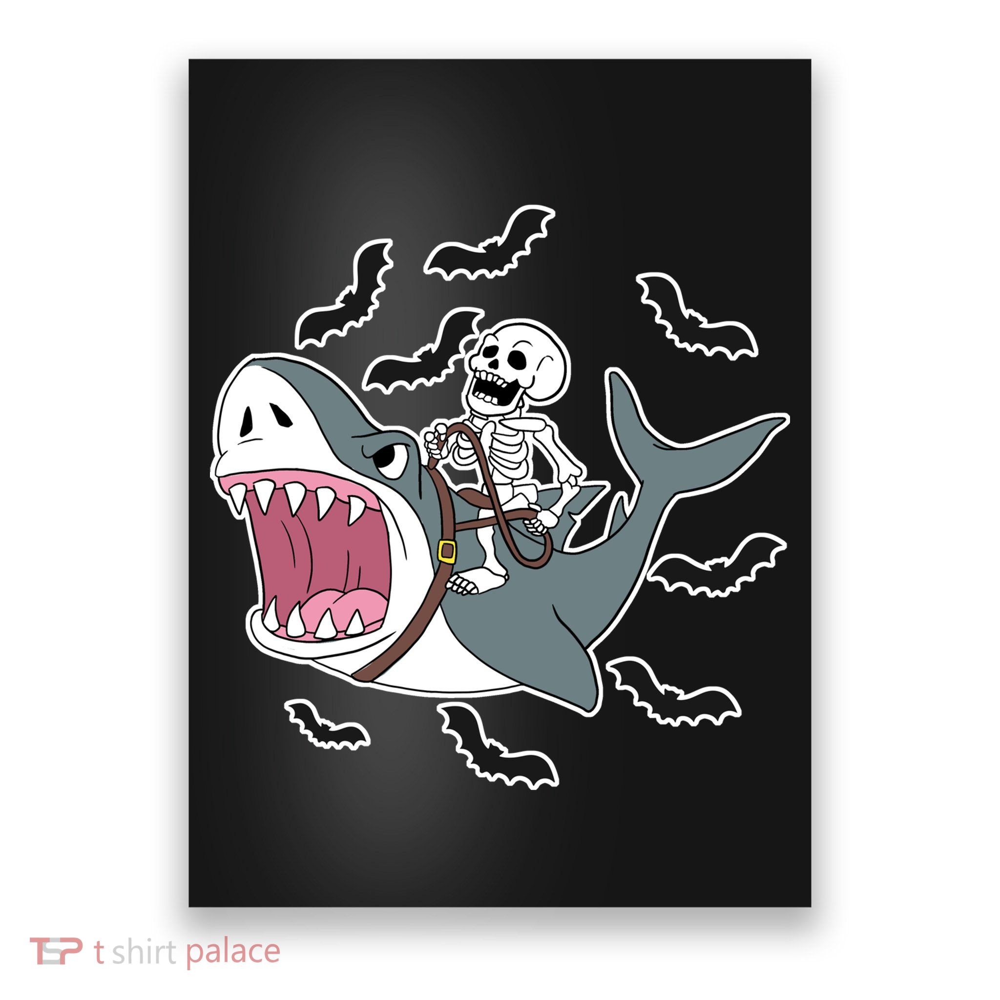 Skeleton Riding Shark Funny Halloween Poster