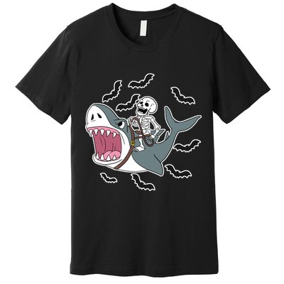 Skeleton Riding Shark Funny Halloween Premium T-Shirt