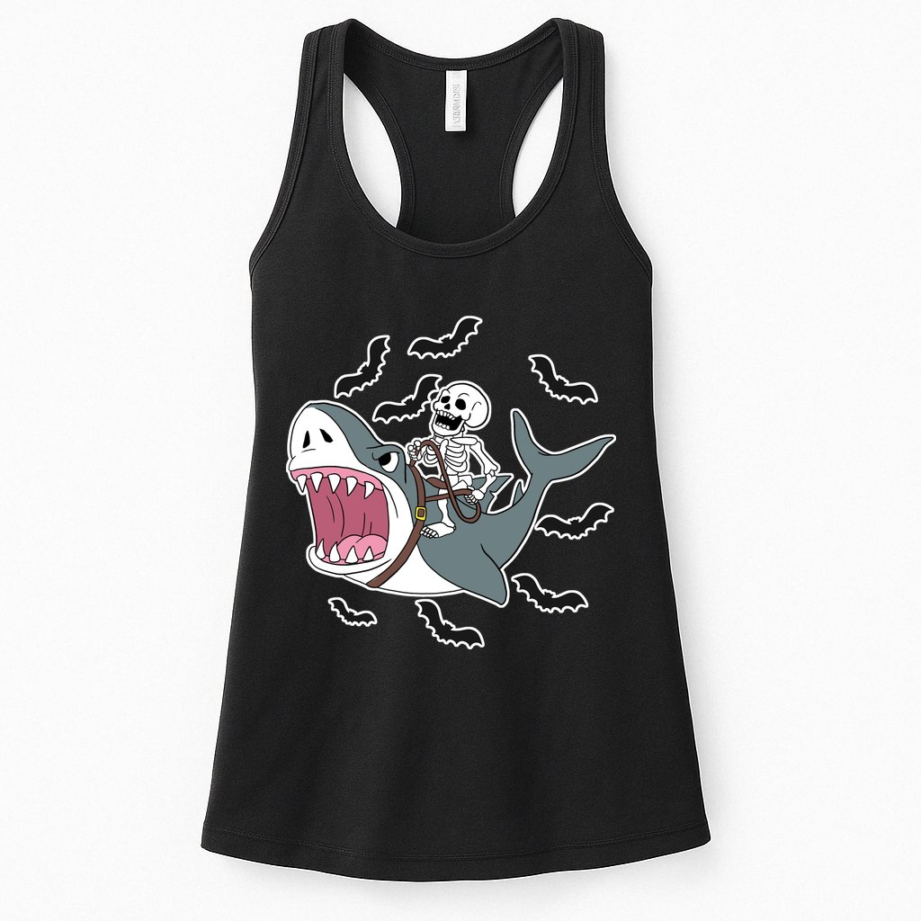 Skeleton Riding Shark Funny Halloween Womens Tank Top