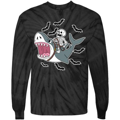 Skeleton Riding Shark Funny Halloween Tie-Dye Long Sleeve Shirt